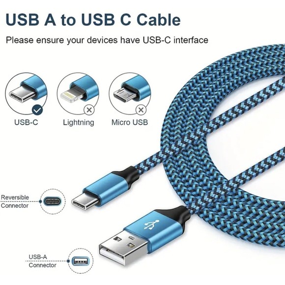 USB-C 10 foot Fast Charging Data SYNC Charger Cable Cord Blue - Picture 2 of 5